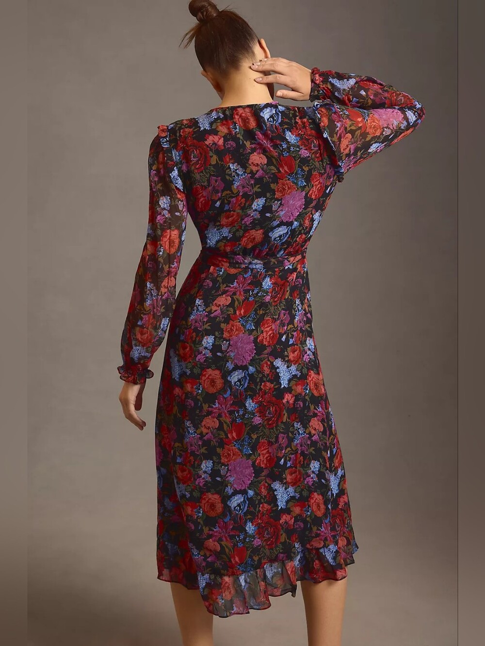 PAIGE Paulette Floral Long Sleeve  V-Neck Midi Wrap Dress - Black Red Pink Multi - Picture 5 of 16